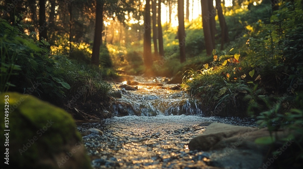 Obraz premium Sunlight streams through forest, cascading brook