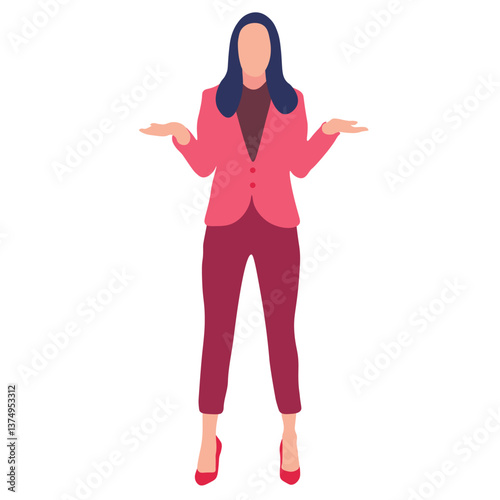 Woman in business attire, shrugging