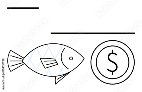 Fish outlined near a dollar coin highlighting seafood industry, pricing, trade, economics, markets, sustainability, and resource value. Ideal for finance, agriculture food trade commerce marine