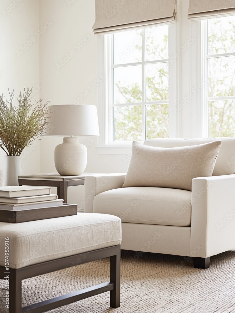 Fototapeta premium Modern living room with a large window on the right side. the window has white curtains and is covered with beige blinds.