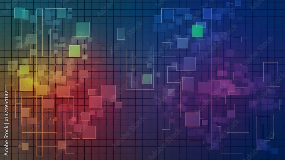 A digital abstract background with a grid of small squares. Each square contains a gradient of colors from blue at the top to orange at the bottom. The grid is overlaid with larger squares of various A digital abstract background with a grid of small squares. Each square contains a gradient of colors from blue at the top to orange at the bottom. The grid is overlaid with larger squares of various