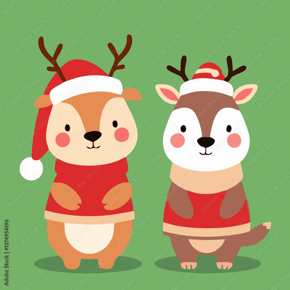 Fototapeta premium Kawaii Christmas Animals - Reindeer and Hamster with Santa Hat
