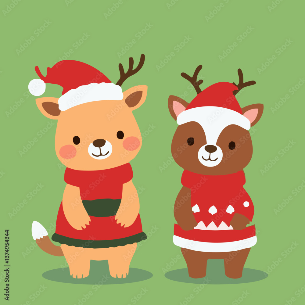 Naklejka premium Kawaii Christmas Animals - Reindeer and Hamster with Santa Hat