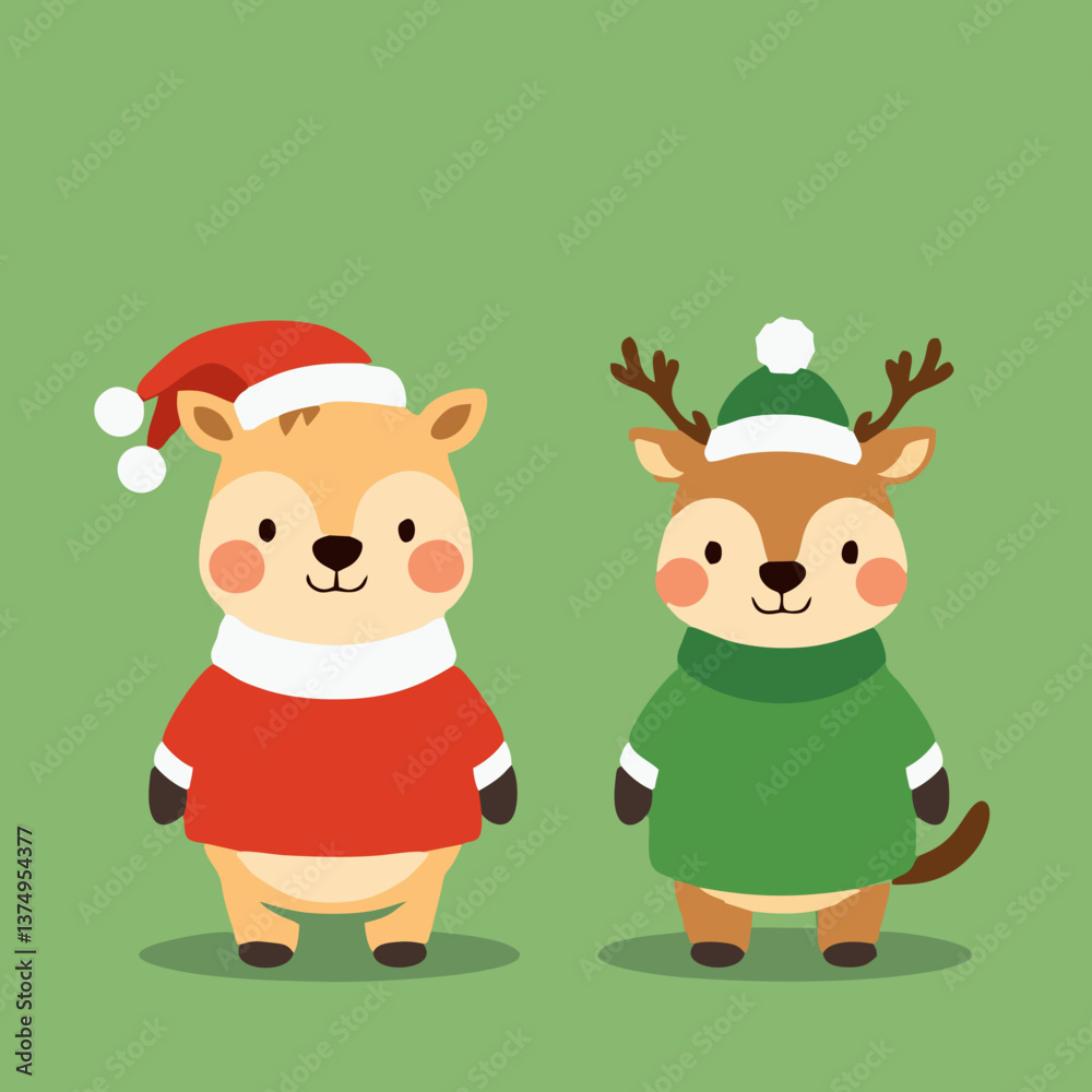 Fototapeta premium Kawaii Christmas Animals - Reindeer and Hamster with Santa Hat