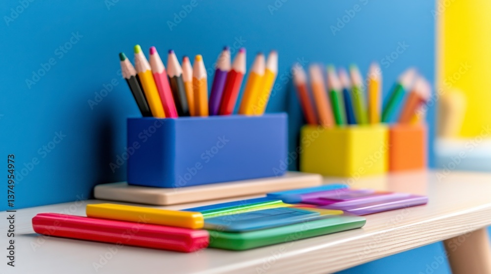 Colorful Art Supplies on Desk with Bright Blue Background Colorful Art Supplies on Desk with Bright Blue Background