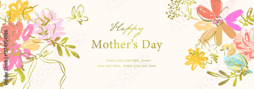 A Mother's Day banner template featuring hand-drawn carnations, wildflowers, and birds adorned with gold accents. An elegant botanical illustration for banners.