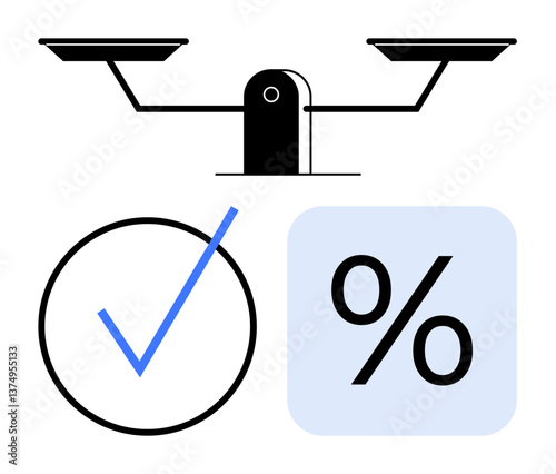 Balanced scales next to checkmark and percentage symbol. Ideal for themes of fairness, decision-making, evaluation, accuracy, precision, analytics, financial equity. Minimal flat simple metaphor