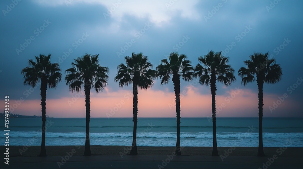 Fototapeta premium Beach sunset with palm trees scenic view ocean waves twilight sky tropical landscape summer vacation 