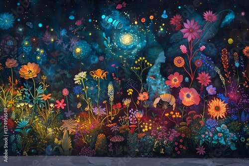 Garden of Dreamers mystical garden wall where dreamers from different eras are depicted their imagined worlds blooming into vivid surreal landscapes filled with flowers creatures and luminous symbols