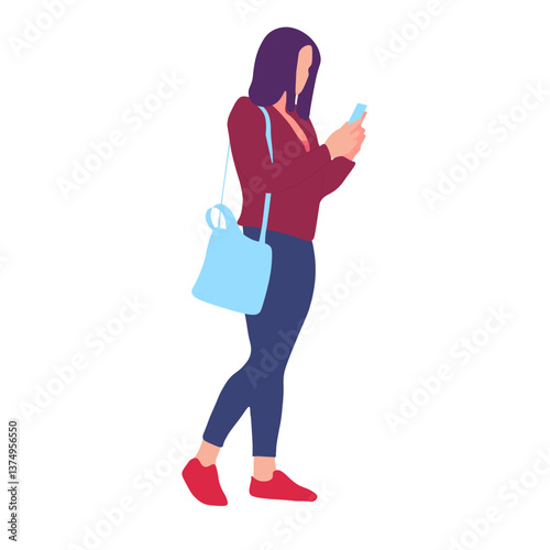 Woman using mobile phone, light-blue bag, red shoes