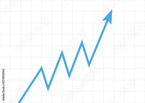Blue arrow business graph moving up in a zigzag pattern with grid background representing profit and progress
