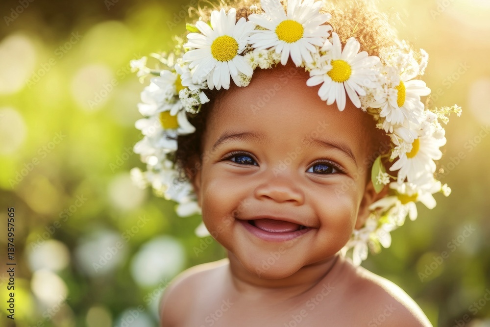 Smiling black infant boy with tt hair wearing white flower circlet on his head. Happy vacation time holidays concept art. Dawn light. Playful summer vibes for boys. Happy little traveler. Smiling black infant boy with tt hair wearing white flower circlet on his head. Happy vacation time holidays concept art. Dawn light. Playful summer vibes for boys. Happy little traveler.