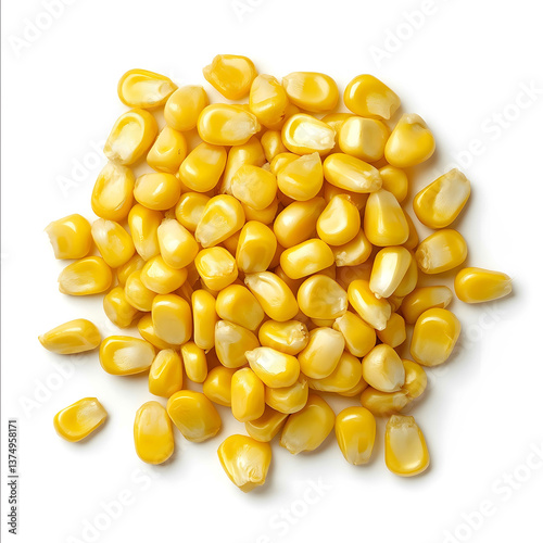 A hyperrealistic ultradetailed top of view of yellow fresh corn kernels studio photography ultraclear texture on white background photo
