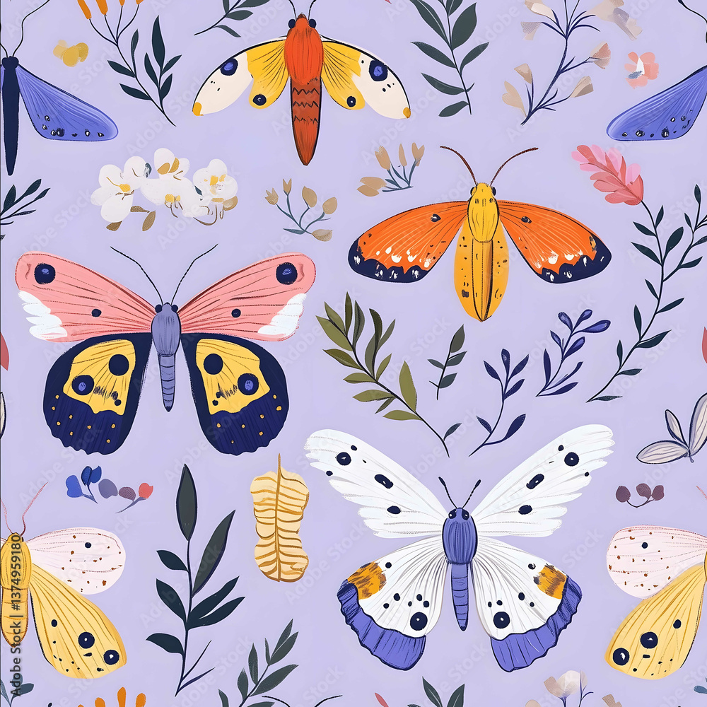 A seamless pattern with colourful moths their wings adorned in various shades set against a light purple background adorned with delicate flowers and foliage A seamless pattern with colourful moths their wings adorned in various shades set against a light purple background adorned with delicate flowers and foliage