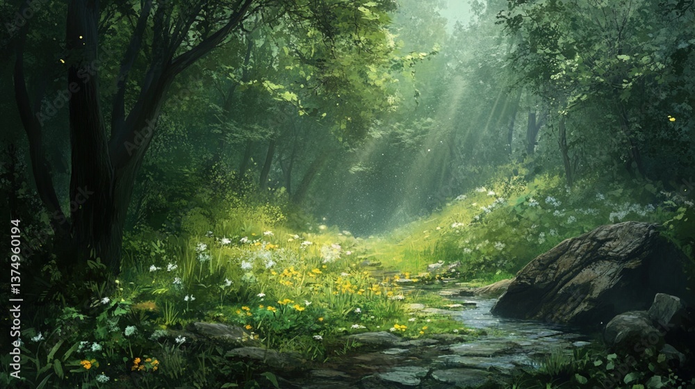 Obraz premium A sunlit path through a verdant, blooming forest