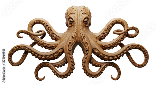 Detailed Carved Octopus Sculpture with Curled Tentacles on White Background photo
