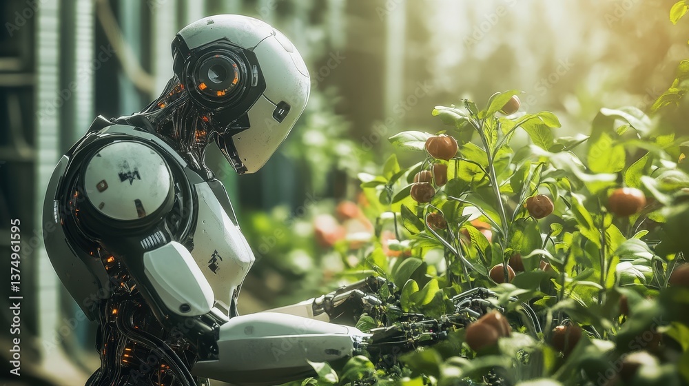 © Nitiporn - Futuristic Gardener: A sleek, humanoid robot tends to a vibrant garden, symbolizing the merging of technology and nature in an eco-conscious future. © Nitiporn - Futuristic Gardener: A sleek, humanoid robot tends to a vibrant garden, symbolizing the merging of technology and nature in an eco-conscious future.