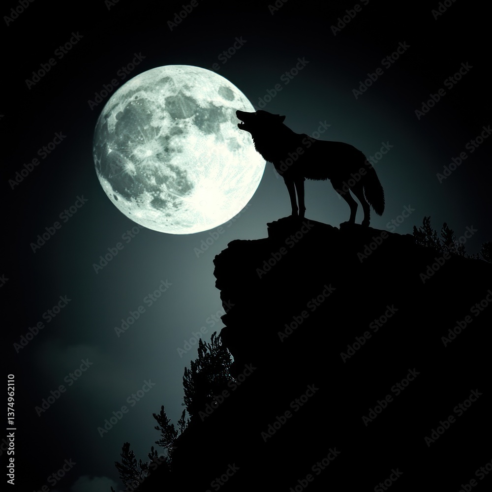 Fototapeta Lone wolf howling at the full moon