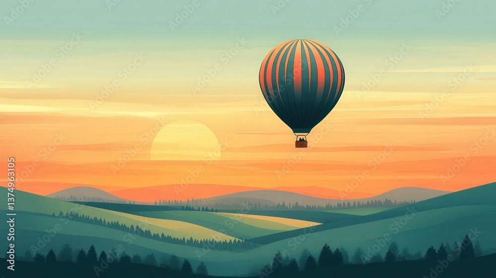 Fototapeta premium Soaring Above: A vibrant hot air balloon floats majestically above a serene landscape, with rolling hills and an orange sunset. A symbol of freedom and adventure.