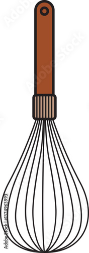 Clean and simple illustration of a classic wire whisk with a wooden handle, perfect for kitchen visuals, baking projects, and cozy cooking themes.