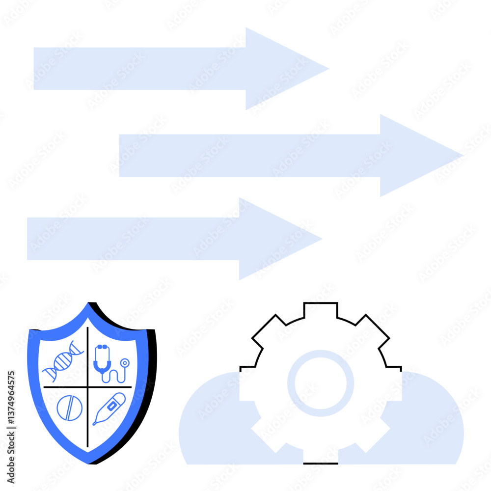 Blue arrows symbolizing progress alongside healthcare shield, DNA, syringe, medical tools, and gear for technology. Ideal for healthcare, technology, progress, innovation protection advancement Blue arrows symbolizing progress alongside healthcare shield, DNA, syringe, medical tools, and gear for technology. Ideal for healthcare, technology, progress, innovation protection advancement