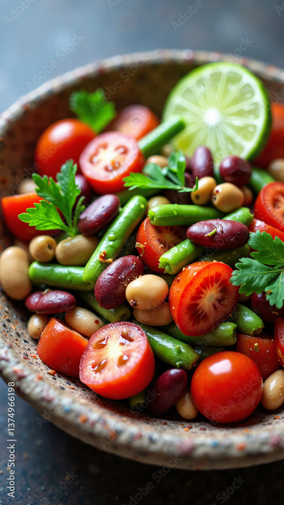 Vibrant fresh bean and tomato salad in rustic ceramic bowl isolated on transparent background, ideal for healthy food blogs, recipes, and organic product packaging keywords: salad, bean, tomato, Vibrant fresh bean and tomato salad in rustic ceramic bowl isolated on transparent background, ideal for healthy food blogs, recipes, and organic product packaging keywords: salad, bean, tomato,