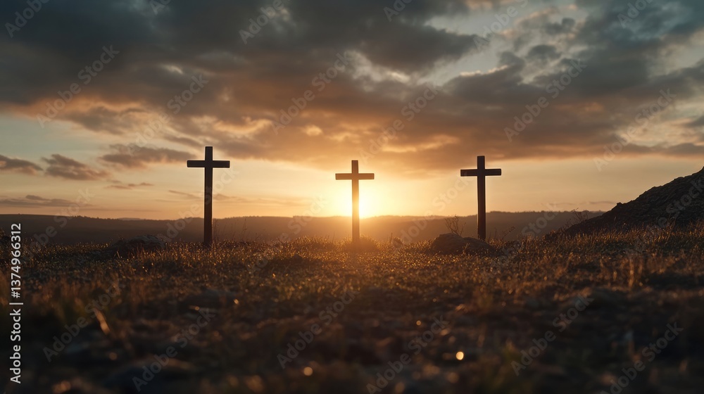 three crosses silhouetted against a sunset. three crosses silhouetted against a sunset.