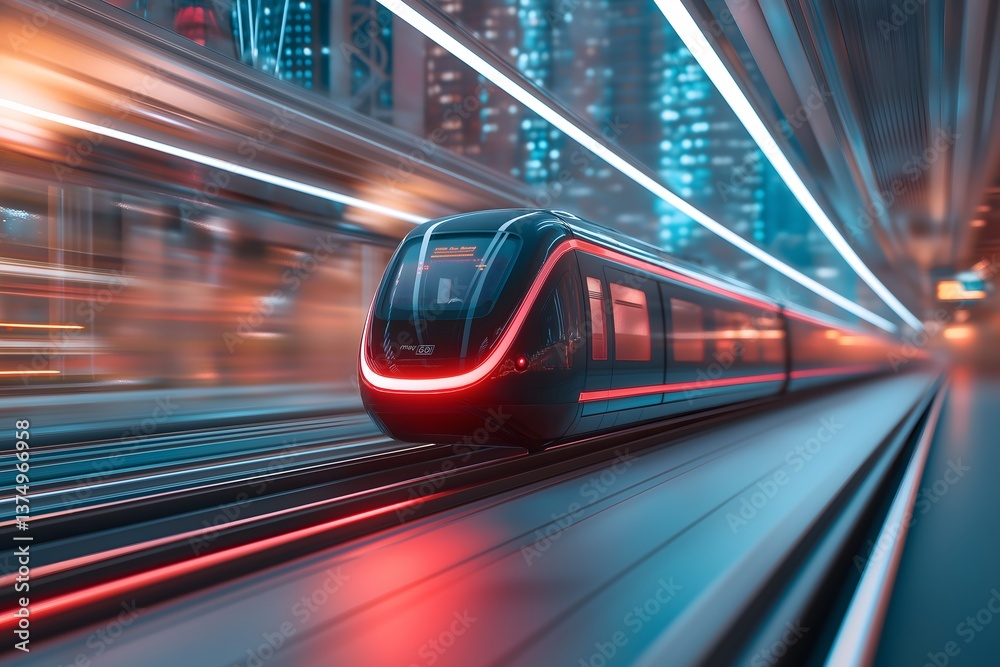 Fototapeta premium ESG, sustainability and innovation: A hyperloop train speeding through a neon-lit eco-friendly megacity, showcasing futuristic sustainable transportation, ultra-detailed.