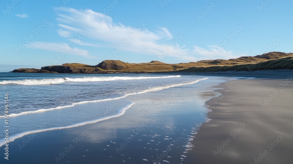Fototapeta premium Seaside Serenity: Capture a serene coastal scene, where gentle waves caress the sandy shore, under a clear azure sky with fluffy clouds in a tranquil beach setting. 