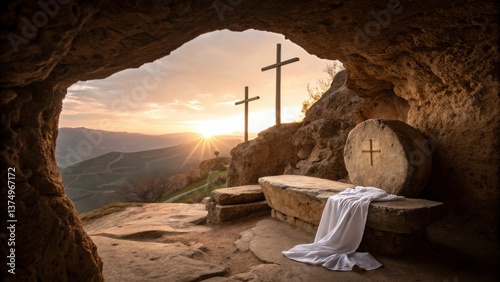 Crucifixion and Resurrection. Empty tomb of Jesus with crosses in the background. Easter or Resurrection concept. He is Risen. Happy Easter. 