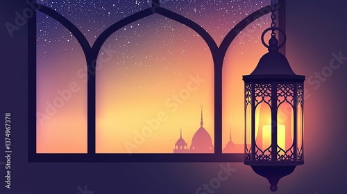 Eid al Fitr Serene Evening: Glowing Lantern by Window with Mosque Silhouettes under Star - filled Sky at Dusk photo