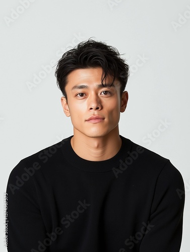 Portrait of a young asian man. he is facing the camera with a neutral expression on his face. he has short, dark hair that is styled in a neat, slicked-back manner.