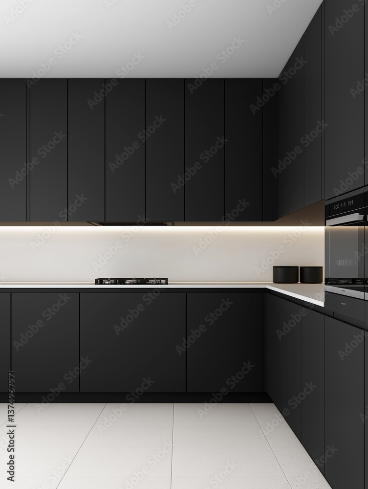 Fototapeta premium Modern kitchen with black cabinets and white countertops. the cabinets are arranged in a vertical line, with the backsplash on the left side and the cabinets on the right side.