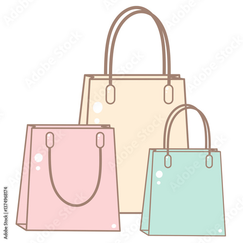 Three Pastel Colored Shopping Bags. Cute and Simple Style.