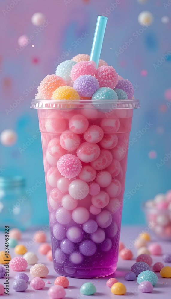 A colorful beverage cup filled with vibrant candy and bubbles A colorful beverage cup filled with vibrant candy and bubbles
