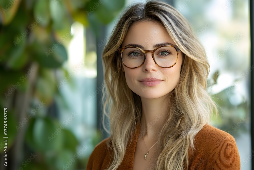 Portrait of a woman with glasses, highlighting vision care and optical insurance for eye exams. Features a satisfied client with prescription eyewear and new frames,