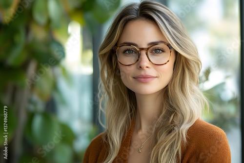 Obraz na płótnie Portrait of a woman with glasses, highlighting vision care and optical insurance for eye exams. Features a satisfied client with prescription eyewear and new frames,
w salonie