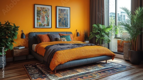 Modern bedroom with orange walls, artwork, and plants. Interior design inspiration