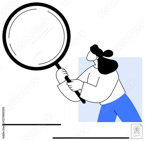Woman holding large magnifying glass inspecting closely, symbolizing scrutiny, analysis, research. Ideal for research, inspection, exploration, investigation focus curiosity precision. Modern flat