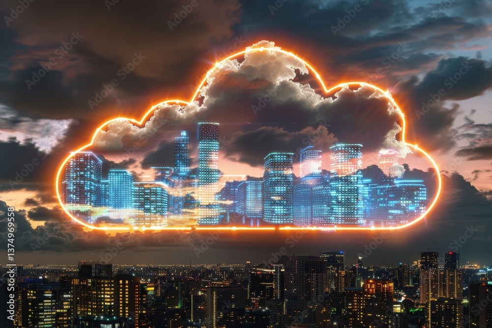 Obraz premium A digital cityscape enclosed within a glowing cloud, blending urban architecture with surreal, dreamlike elements against a dramatic night sky.