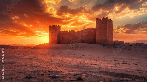 Desert Fortress at Sunset: An ancient fortress stands silhouetted against the vibrant backdrop of a desert sunset, creating a dramatic contrast of light and shadow.