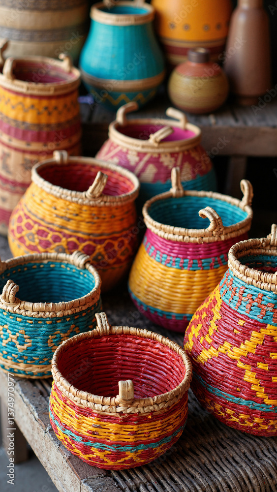 Colorful handwoven baskets with intricate patterns isolated on transparent background, ideal for home decor, eco-friendly ads, and cultural content keywords: baskets, handwoven, colorful, vibrant Colorful handwoven baskets with intricate patterns isolated on transparent background, ideal for home decor, eco-friendly ads, and cultural content keywords: baskets, handwoven, colorful, vibrant