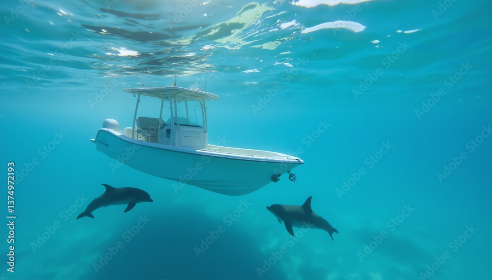 Fototapeta premium Dolphins swimming near a small boat in ocean.