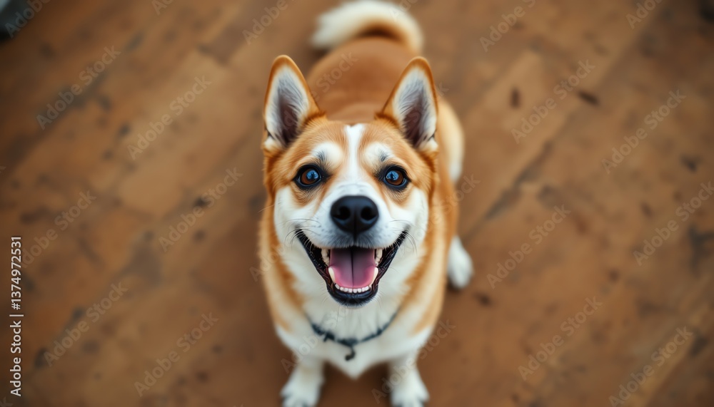 Happy dog sitting on wooden floor, joyful expression. Happy dog sitting on wooden floor, joyful expression.