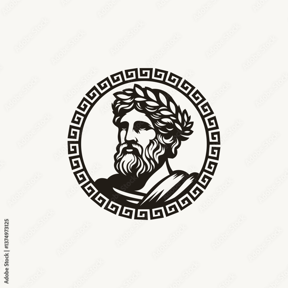 ancient greek philosopher with wreath and greeks border logo design