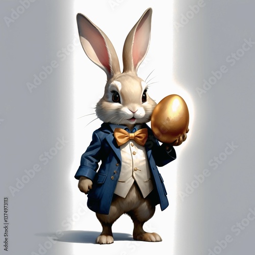 Easter theme with Easter eggs and white bunnies on a clean background, with soft shadows and delicate details.