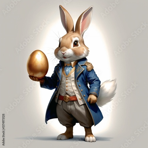 Easter theme with Easter eggs and white bunnies on a clean background, with soft shadows and delicate details.