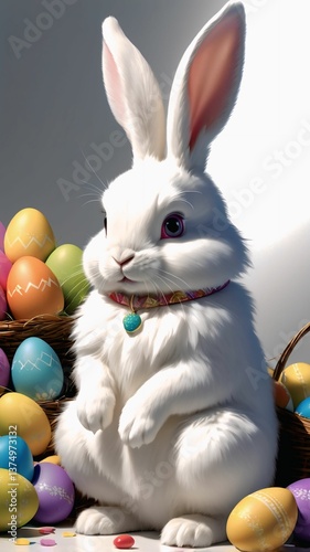Easter theme with Easter eggs and white bunnies on a clean background, with soft shadows and delicate details.