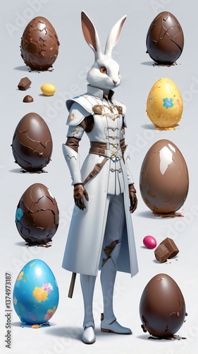 Easter theme with Easter eggs and white bunnies on a clean background, with soft shadows and delicate details.