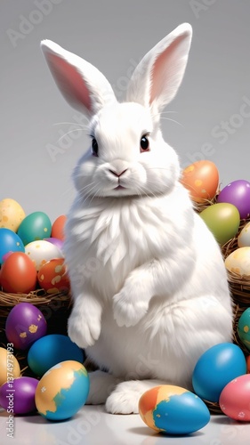 Easter theme with Easter eggs and white bunnies on a clean background, with soft shadows and delicate details.
